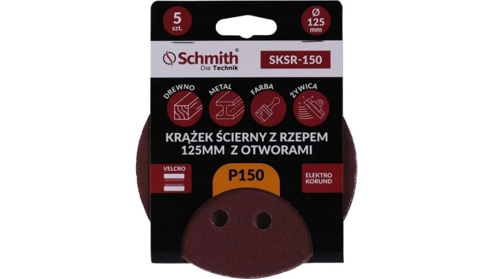 Papier ścierny krążki na rzep z otworami 125mm P150 zestaw 5szt Schmith