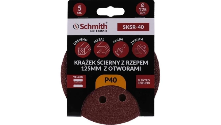 Papier ścierny krążki na rzep z otworami 125mm P40 zestaw 5szt Schmith