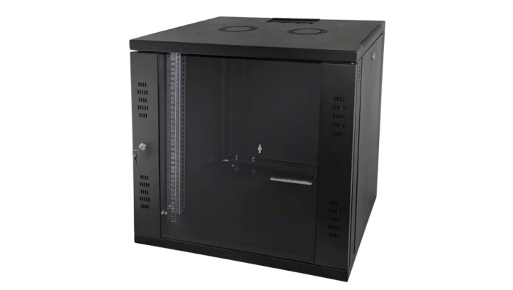Szafka rack wisząca 19 12U 600x450 niedzielona drzwi szklane jednoskrzydłowe czarny FLAT PACK SW-12U-600-450-N-DSJ-OP-RP-F-C-1