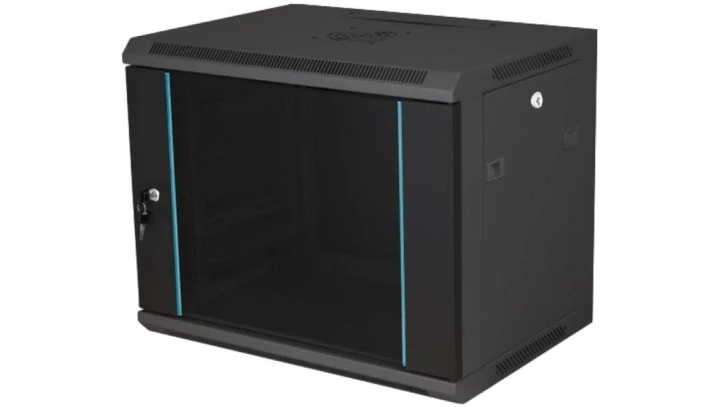 Szafka rack wisząca 19 18U 600x450, niedzielona, drzwi szklane jednoskrzydłowe, kolor czarny FLAT PACK SW-18U-600-450-N-DSJ-OP-R