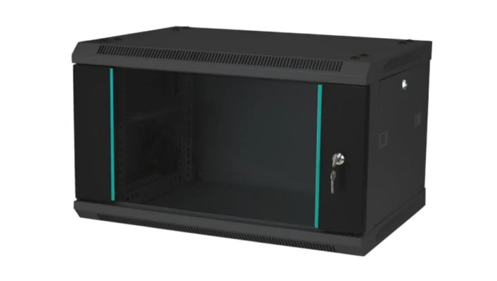 Szafka rack wisząca 19 6U 600x450, drzwi szklane, kolor czarny FLAT PACK