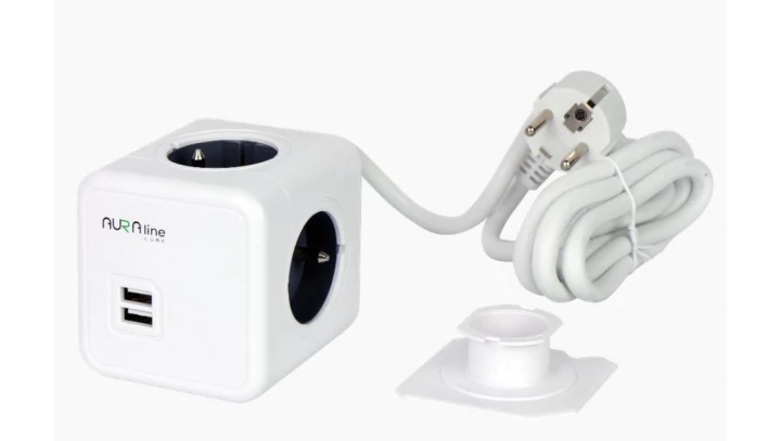 AURA line CUBE przedłużacz rozgałęźnik 4 gniazda + 2xUSB przewód 1,5m 16A/3680W