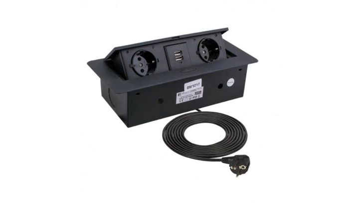 Gniazdo meblowe, blatowe 2x2P+Z 16A 230V + 2xUSB A 2,1A 5V 3m czarny KOMBI BOX