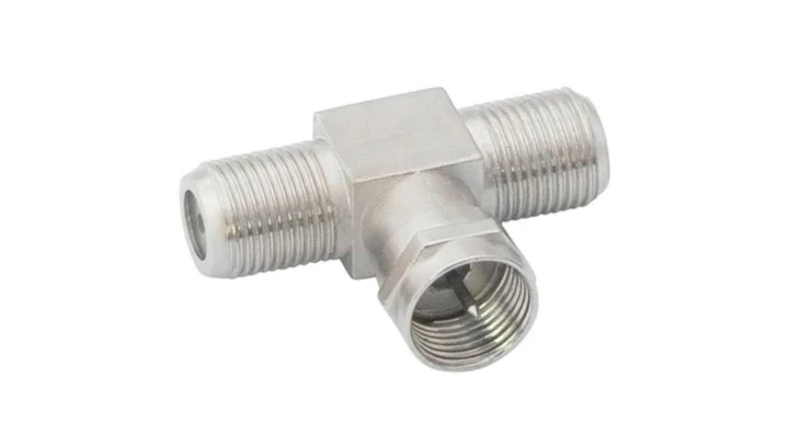 Redukcja 2gn.F/wt.F, trójnik 2gniazda F na wtyk F