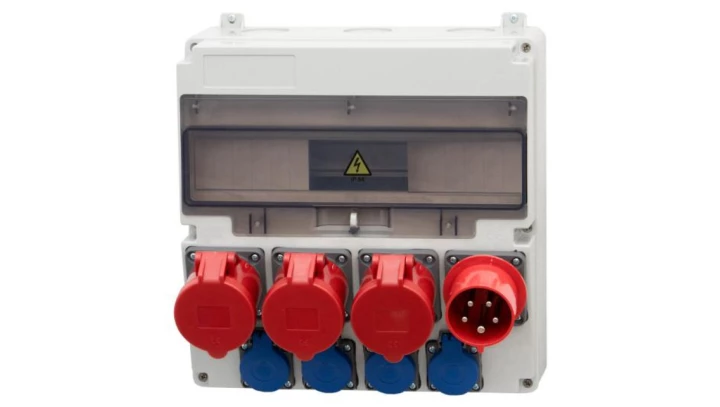 Rozdzielnica LAGO 17M - gniazda proste 3x32A 5p, 4x230V, wtyczka odbiornikowa 32A 5p /17 modułów/