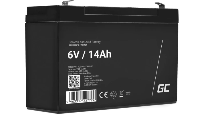 Green Cell AGM VRLA 6V 14Ah bezobsługowy akumulator do systemu alarmowego, kasy fiskalnej, zabawki
