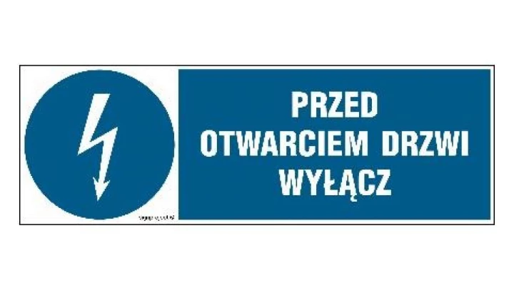 ZNAK - HF019 Przed otwarciem drzwi wyłącz - arkusz 8 naklejek - arkusz 8 naklejek 10 x 3,3 cm FN - Folia samoprzylepna