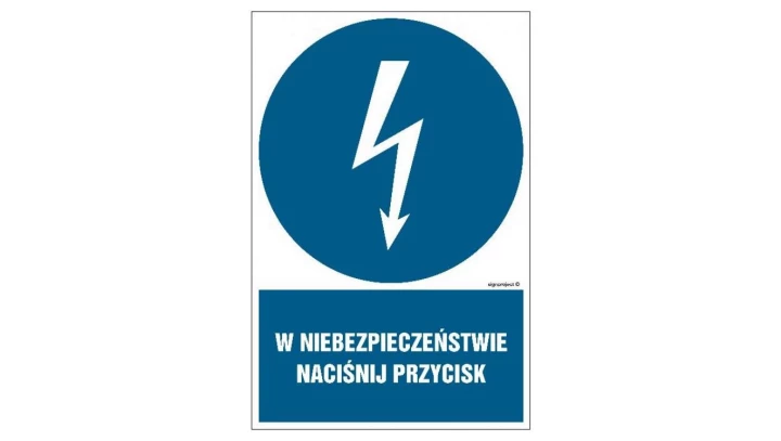 ZNAK - HE011 W niebezpieczeństwie naciśnij przycisk 7,5 x 10 cm FN - Folia samoprzylepna