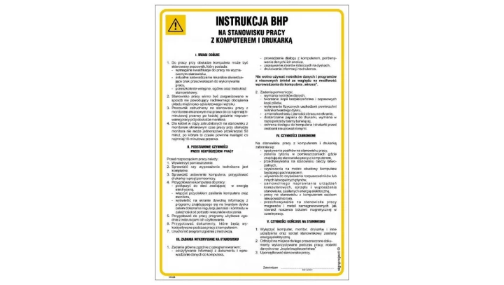 ZNAK - IAA05 Instrukcja postępowania na stanowisku pracy z komputerem i drukarką 24,5 x 35 cm HN - Płyta TD-flex 0,4mm