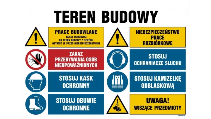 ZNAK - OI019 Teren budowy, Prace budowlane, jeżeli wchodzisz na teren budowy z dziećmi ostrzeż je przed niebezpie 105 x 70 cm ON