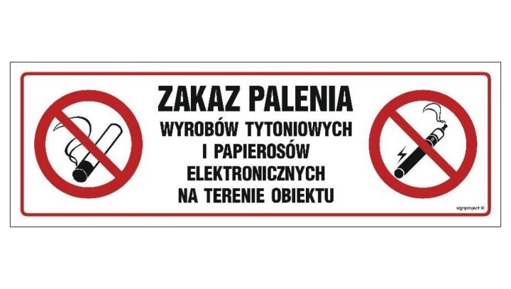 ZNAK - NC088 Zakaz palenia wyrobów tytoniowych i papierosów elektronicznych na terenie obiektu 60 x 20 cm FN - Folia samoprzylep