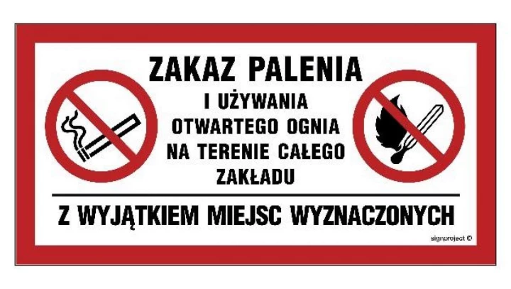 ZNAK - NC139 Zakaz palenia i używania otwartego ognia na terenie całego obiektu z wyjątkiem miejsc wyznaczonych 40 x 20 cm PN -