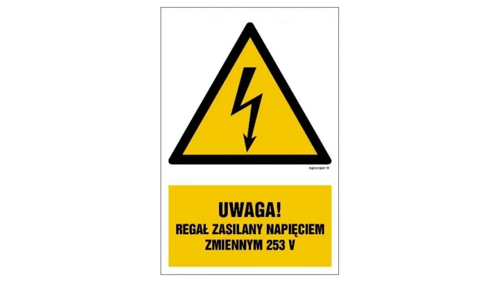 ZNAK - HA027 Uwaga regał zasilany napięciem zmiennym 253 V - arkusz 9 naklejek 5 x 7,5 cm FN - Folia samoprzylepna