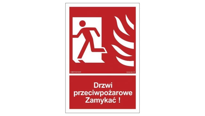 ZNAK - BB011 Drzwi przeciwpożarowe Zamykać! Kierunek drogi ewakuacyjnej w lewo 25 x 37 cm PN - Płyta 1mm