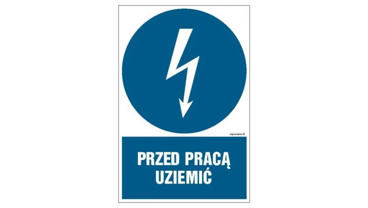 ZNAK - HE005 Przed pracą uziemić - arkusz 9 naklejek 5 x 7,5 cm FN - Folia samoprzylepna
