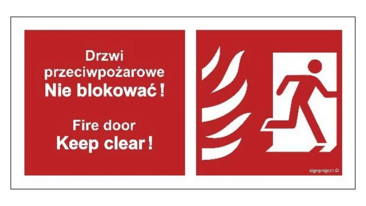 ZNAK - BC049 Drzwi przeciwpożarowe, Nie blokować ! Fire door, Keep clear ! prawostronne 100 x 50 cm PN - Płyta 1mm
