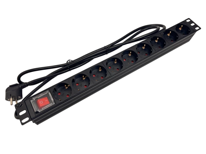 Listwa zasilająca rack 19 cali PDU gniazdo 9 x CEE 7/3 schuko wtyk CEE 7/7 z wyłącznikiem