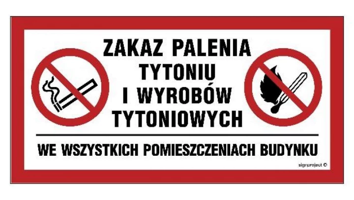 ZNAK - NC140 Zakaz palenia tytoniu i wyrobów tytoniowych we wszystkich pomieszczeniach budynku 45 x 30 cm PN - Płyta 1mm