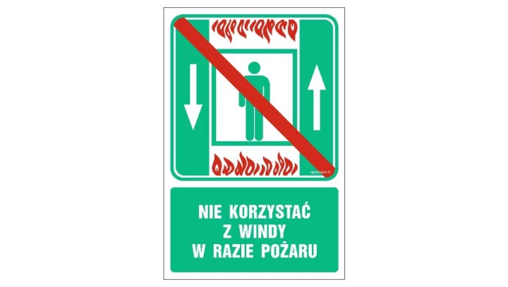 ZNAK - AC028 Nie korzystać z windy w razie pożaru 15 x 22,5 cm PS - Płyta 1mm foto.