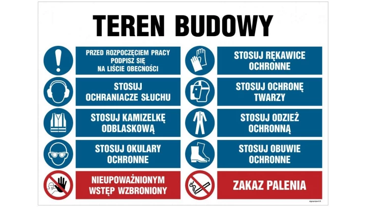 ZNAK - OI016 Teren budowy, Przed rozpoczęciem pracy podpisz się na liście obecności, Stosuj rękawice ochronne, St 100 x 75 cm FN
