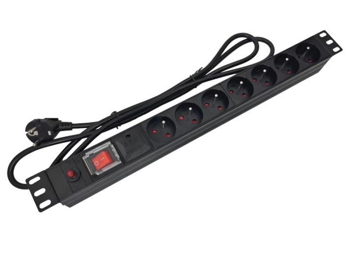 Listwa zasilająca rack 19 cali PDU gniazdo 7 x CEE 7/5 wtyk CEE 7/7 z wyłącznikiem i zabezpieczeniem