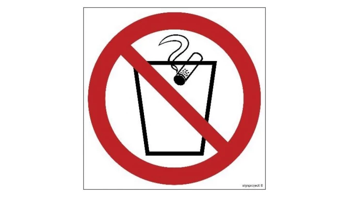 ZNAK - GB018 Zakaz wrzucania niedopałków do kosza 10 x 10 cm KS - Folia podłogowa foto.