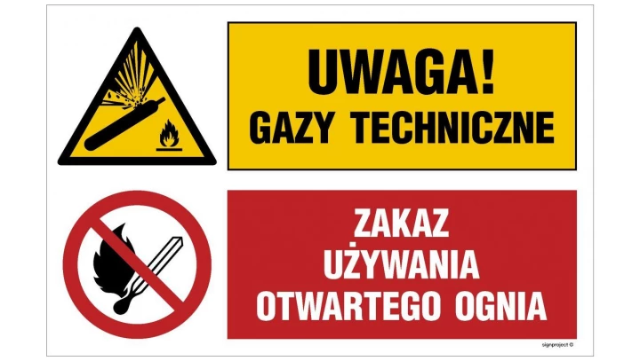ZNAK - OI038 Uwaga! gazy techniczne, Zakaz używania otwartego ognia 70 x 46,7 cm ON - Blacha ocynk