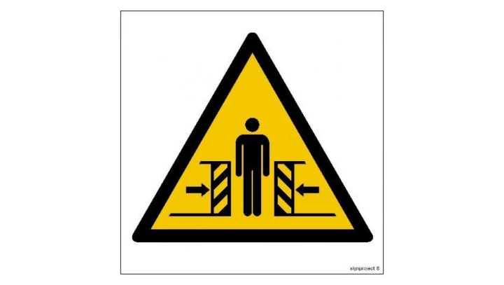 ZNAK - GD019 Ostrzeżenie przed zgnieceniem bocznym 10 x 10 cm TS - Płyta TD foto.