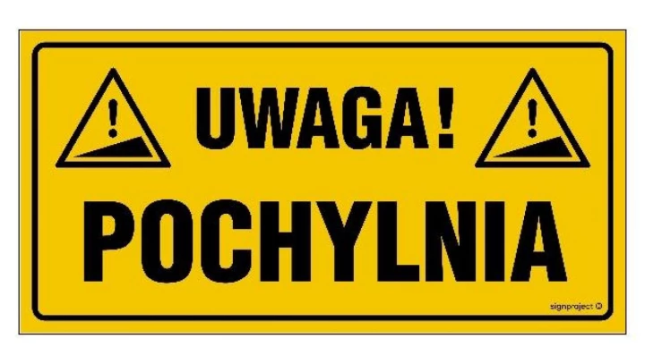 ZNAK - NC084 Uwaga pochylnia 20 x 10 cm BN - Płyta żółta 0,6mm