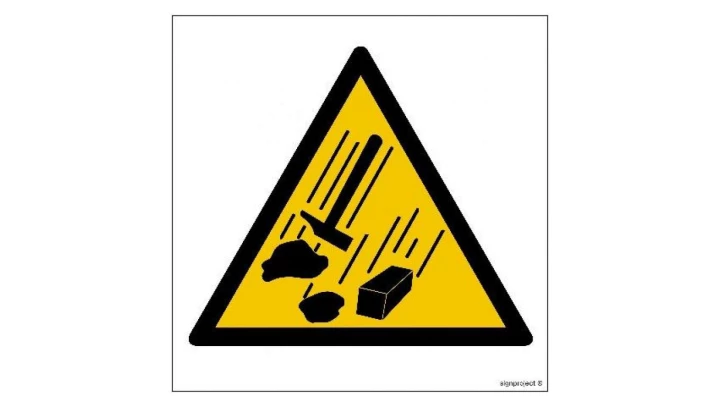 ZNAK - GE001 Prace na wysokości - ostrzeżenie przed spadającymi przedmiotami 35 x 35 cm FS - Folia samoprzylepna foto.