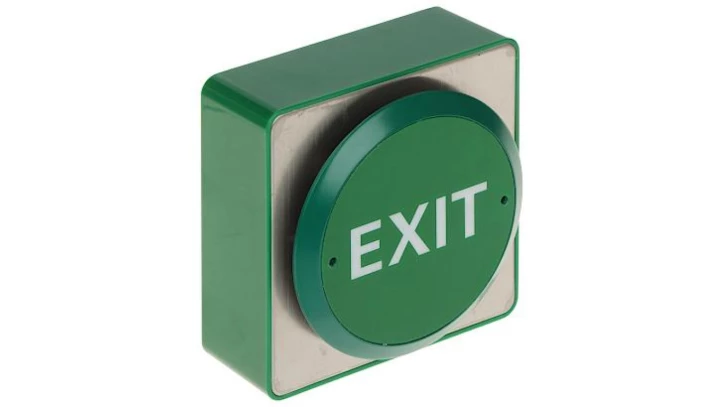 Hermetyczny przycisk wyjścia otwarcia drzwi typu grzybek z napisem EXIT, zielony, Fox E86 IP65