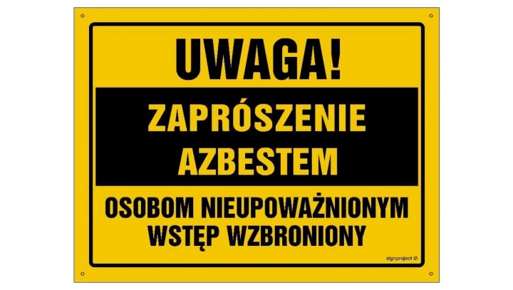 ZNAK - OA103 Uwaga! Zaprószenie azbestem Osobom nieupoważnionym wstęp wzbroniony 60 x 43 cm BN - Płyta żółta 0,6mm