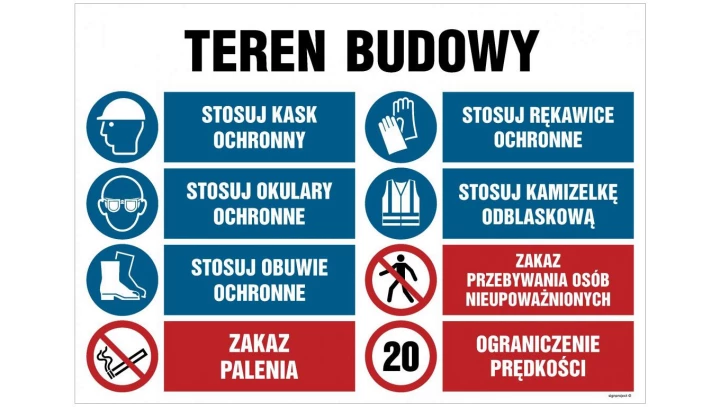ZNAK - OI017 Teren budowy, Przed rozpoczęciem pracy podpisz się na liście obecności, Stosuj kamizelkę odblaskową 100 x 75 cm PN