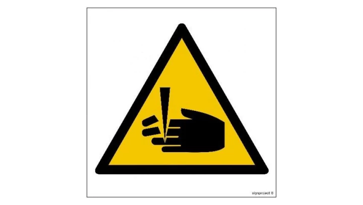 ZNAK - GE007 Ostrzeżenie przed niebezpieczeństwem obcięcia palców 15 x 15 cm FN - Folia samoprzylepna