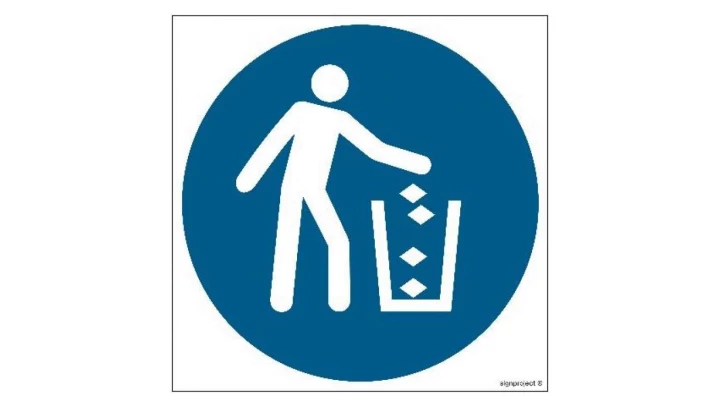 ZNAK - GJ030 Nakaz używania pojemnika na śmieci 20 x 20 cm FS - Folia samoprzylepna foto.