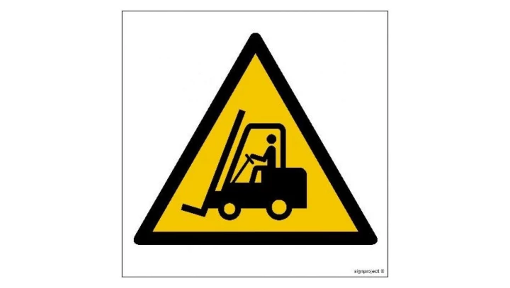 ZNAK - GD014 Ostrzeżenie przed urządzeniami do transportu poziomego 50 x 50 cm PS - Płyta 1mm foto.