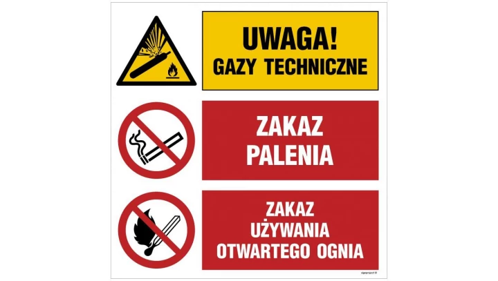 ZNAK - OI027 Uwaga! materiał utleniający, Zakaz palenia, Zakaz używania otwartego ognia 70 x 70 cm PN - Płyta 1mm