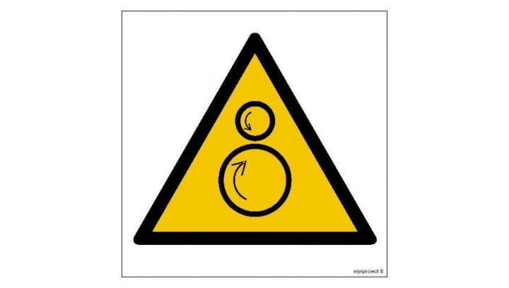 ZNAK - GD025 Ostrzeżenie przed ruchomymi rolkami 10 x 10 cm PS - Płyta 1mm foto.