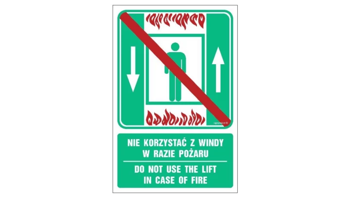 ZNAK - AC070 Nie korzystać z windy w razie pożaru / Do not use the lift in case of fire 15 x 22,5 cm KS - Folia podłogowa foto.