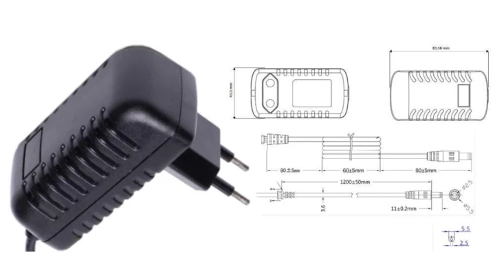 POSB12100A-2555, zasilacz 12V/1A/12W czarny, adapter horyzontalny, gniazdo AC:CEE7/16. wtyk DC:2...