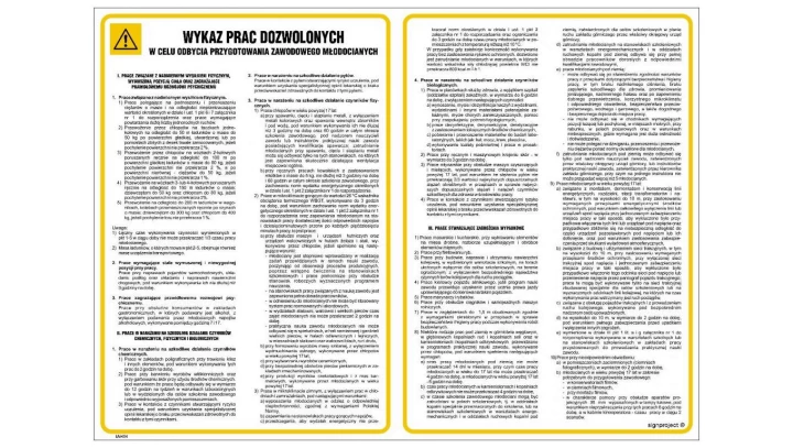 ZNAK - IAH04 Wykaz prac dozwolonych w celu odbycia przygotowania zawodowego młodocianych 49 x 35 cm HN - Płyta TD-flex 0,4mm