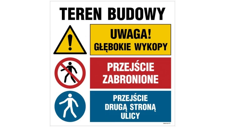ZNAK - OI032 Uwaga! praca ciężkiego sprzętu, Zakaz wjazdu pojazdów nieupoważnionych, Ograniczenie prędkości do 5k 70 x 70 cm PN