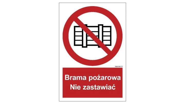 ZNAK - BC144 Brama pożarowa. Nie zastawiać 40 x 59,4 cm FS - Folia samoprzylepna foto.