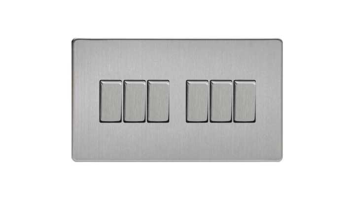 Łącznik uniwersalny schodowy sześciokrotny 10A 230V klawiszowy - kolor stal szlifowana METZ2E3.2S-D