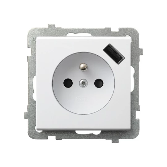 SONATA Gniazdo pojedyncze z uziemieniem z przesłonami torów prądowych, z ładowarką USB biały mat GP-1RZPUSB/m/75