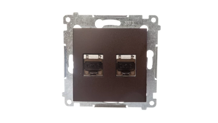 Simon 54 Gniazdo komputerowe podwójne 2xRJ45 kat.6 ekranowane z przesłoną brąz mat D62E.01/46