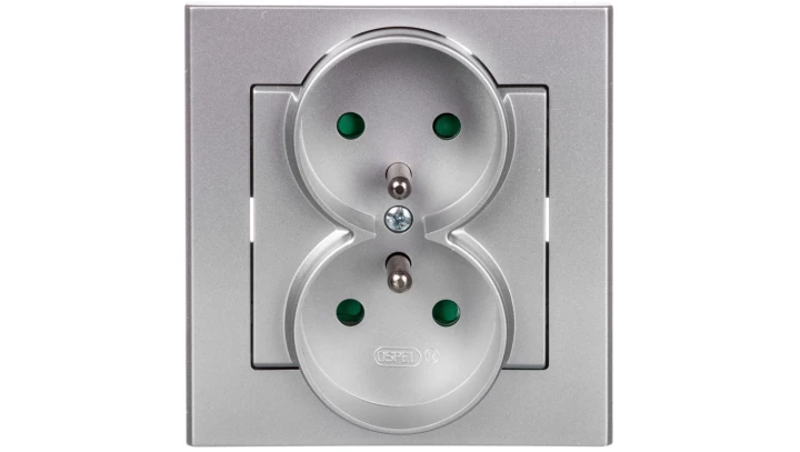 SONATA Gniazdo podwójne z/u z przesłonami srebro mat GP-2RZP/38