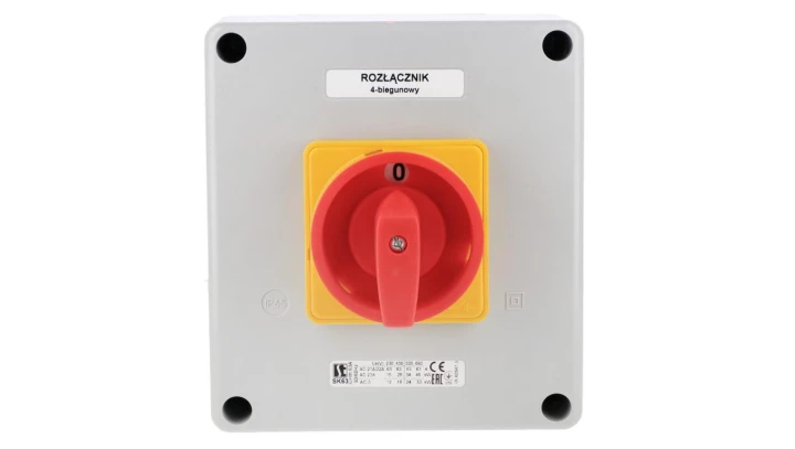 Łącznik krzywkowy 63A rozłącznik 0-1 (4 - biegunowy)w obudowie OB16 z czołem zamykanym żółto/czerwonym SK63-2.8210\OB16ZC