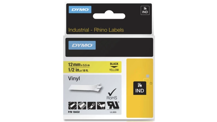 Taśma winylowa do drukarek 12mm x 5,5m czarna na żółtym S0718450 18432