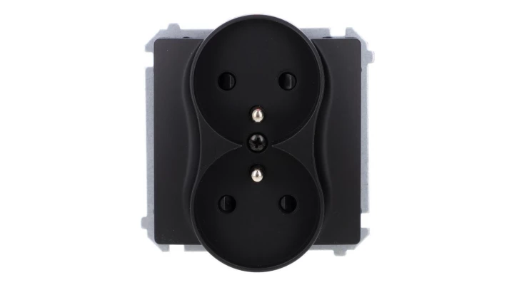 Simon Basic Gniazdo wtyczkowe podwójne z uziemieniem (moduł), z przesł. torów prądowych, zaciski śrubowe czarny BMGZ2MZ.01/49